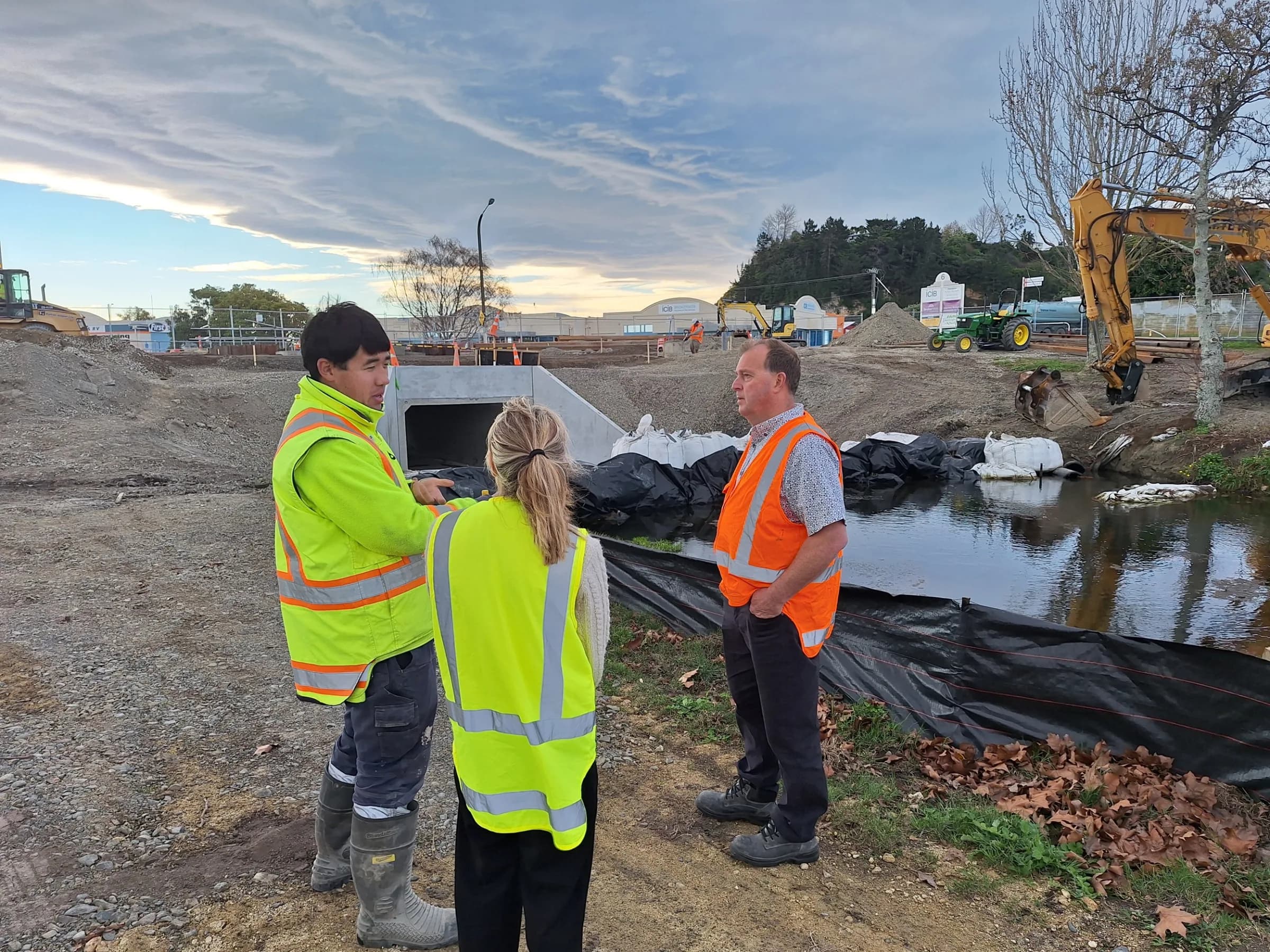 Mayor McGrath at Taradale Road Culvert Project with project team members.